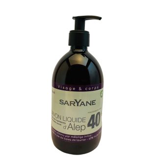 Savon d'Alep liquide avec 40% d'huile de baie de laurier et 60% d'huile d'olive. Sans colorant ni parfum. Tous types de peau. 13,8 € - 500 Ml