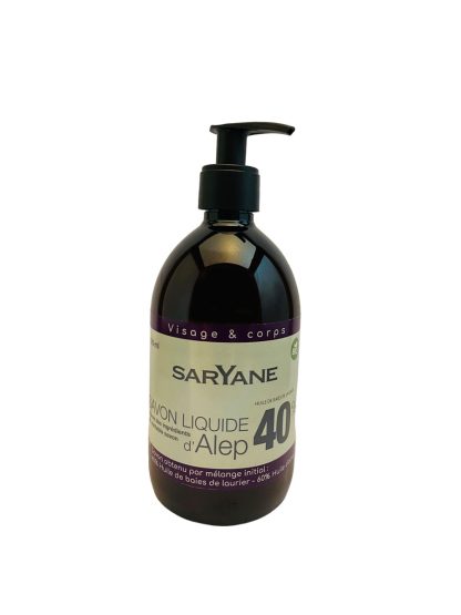 Savon d'Alep liquide avec 40% d'huile de baie de laurier et 60% d'huile d'olive. Sans colorant ni parfum. Tous types de peau. 13,8 € - 500 Ml