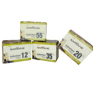 Lot Découverte - 4 Savons d'Alep traditionnels naturels de 12% à 55% d'huile de baie de laurier : Réduction de 5% ! Ce lot comprend : - Un savon d'Alep à 55% d'huile de baie de laurier - Un savon d'Alep à 35% d'huile de baie de laurier - Un savon d'Alep à 20% d'huile de baie de laurier - Un savon d'Alep à 12% d'huile de baie de laurier Ce lot Découverte - 4 Savons d'Alep traditionnels vous permettra de découvrir l'ensemble de notre gamme de savons d'Alep traditionnels. A chacun.e selon ses usages!