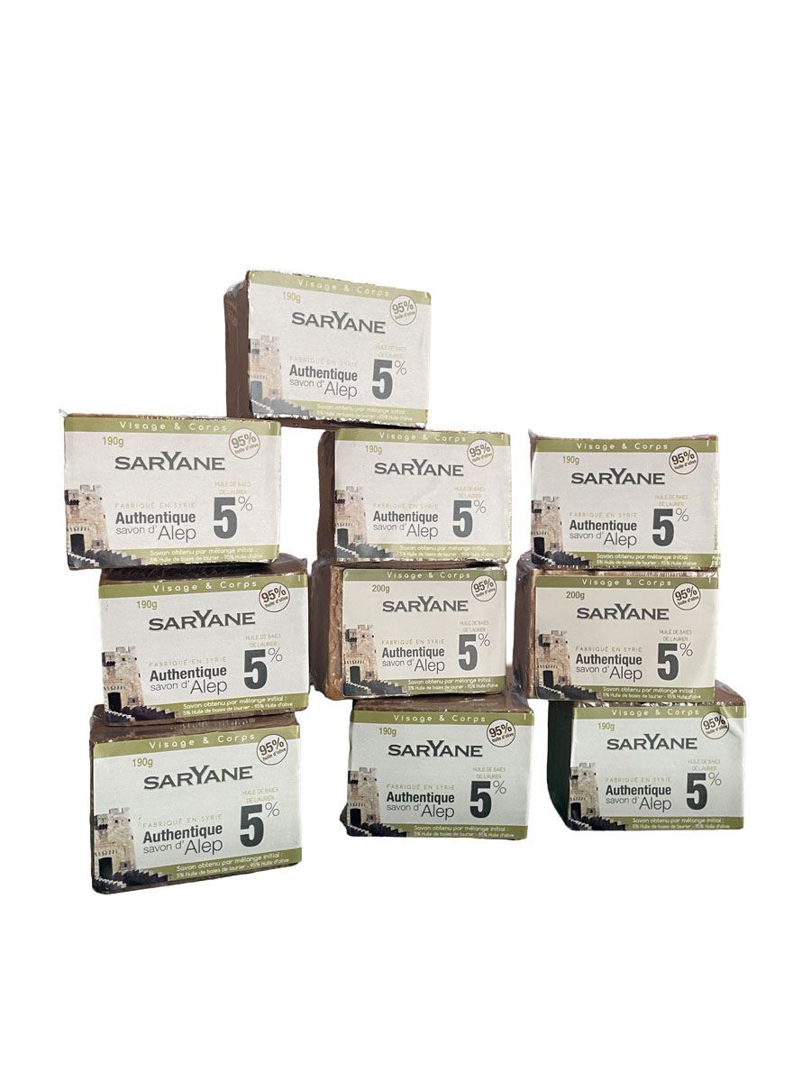 Lot de 10 savons d'Alep classiques à 5% d'huile de baie de laurier. Fait à Alep. Savon d'Alep classique & naturel sans colorant ni parfum ni additif. 42,3€