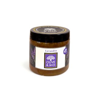 Savon noir du hammam au lavandin. A utiliser en gommage pour le corps et le visage. Fabriqué à partir de 100% d'huile d'olive vierge saponifiée. Sans huile de palme, sans colorant, sans paraben. Vous pouvez acheter ce savon sur Savon-Alep.Shop. Photo CC BY SA Savon-Alep.Shop