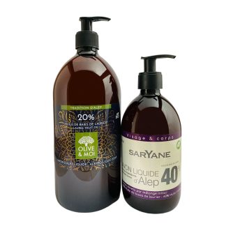Lot Savon d'Alep liquide 40 & 20% d'huile de baie de laurier. Sans colorant, sans parfum. Pour tous types de peau. Bouteille pompe 500ml + 1L. 28,90€