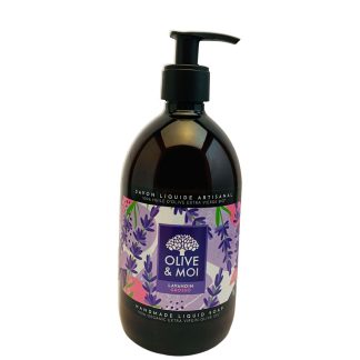 Savon 100% huile d'olive au lavandin. Bio. Sans Paraben. Tous types de peau. Bouteille de 500ml à pompe vendue 10,50 € sur Savon-Alep.Shop.