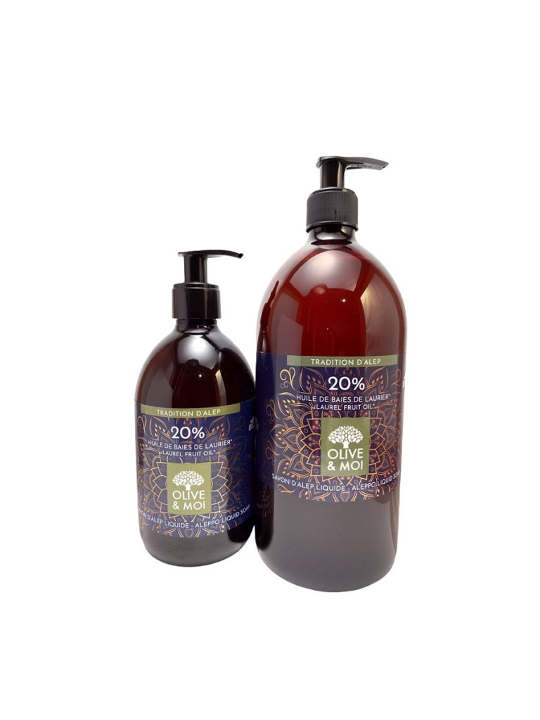 Savon d'Alep liquide bio 20% laurier - 500ml + 1 L