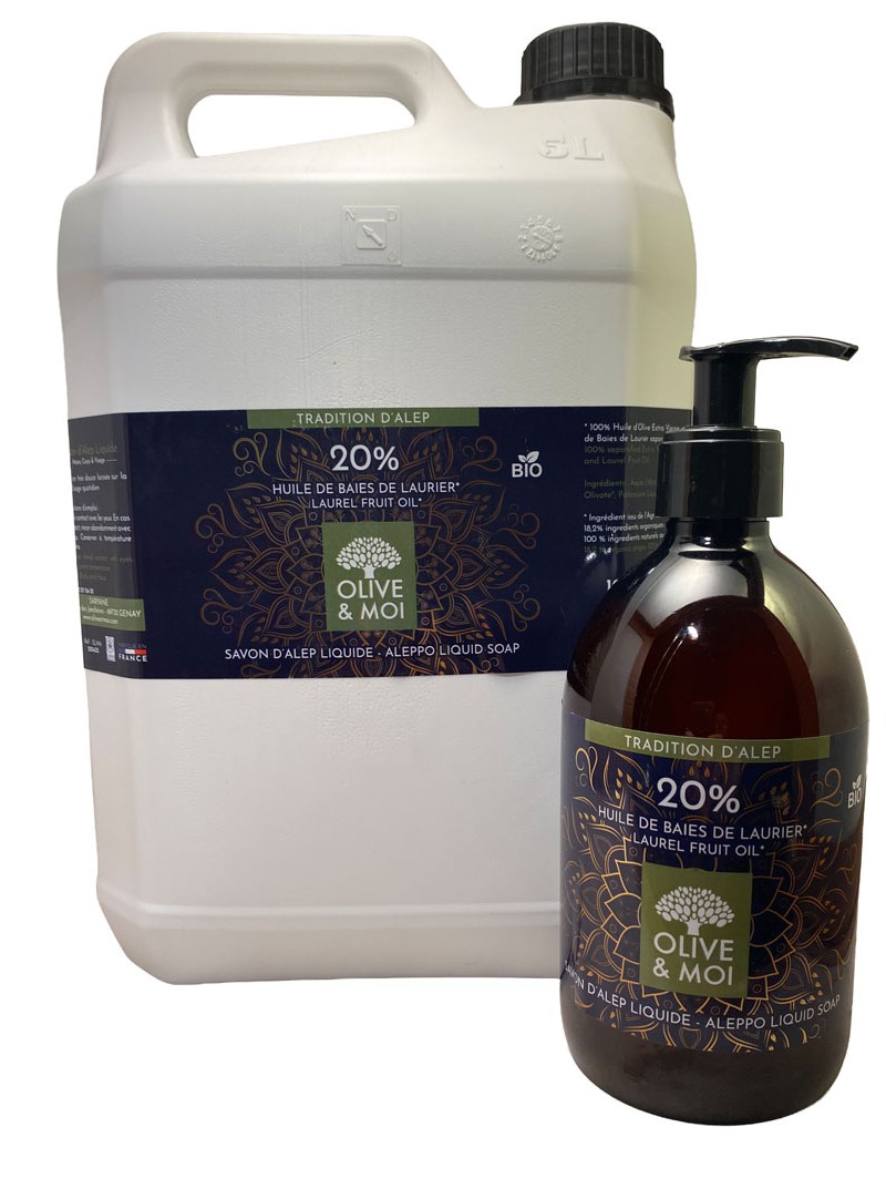 Savon liquide Alep à 20% d'huile de baie de laurier - Bidon de 5 litres + Bouteille à pompe 500ml. Sans colorant, sans parfum. 89,90€