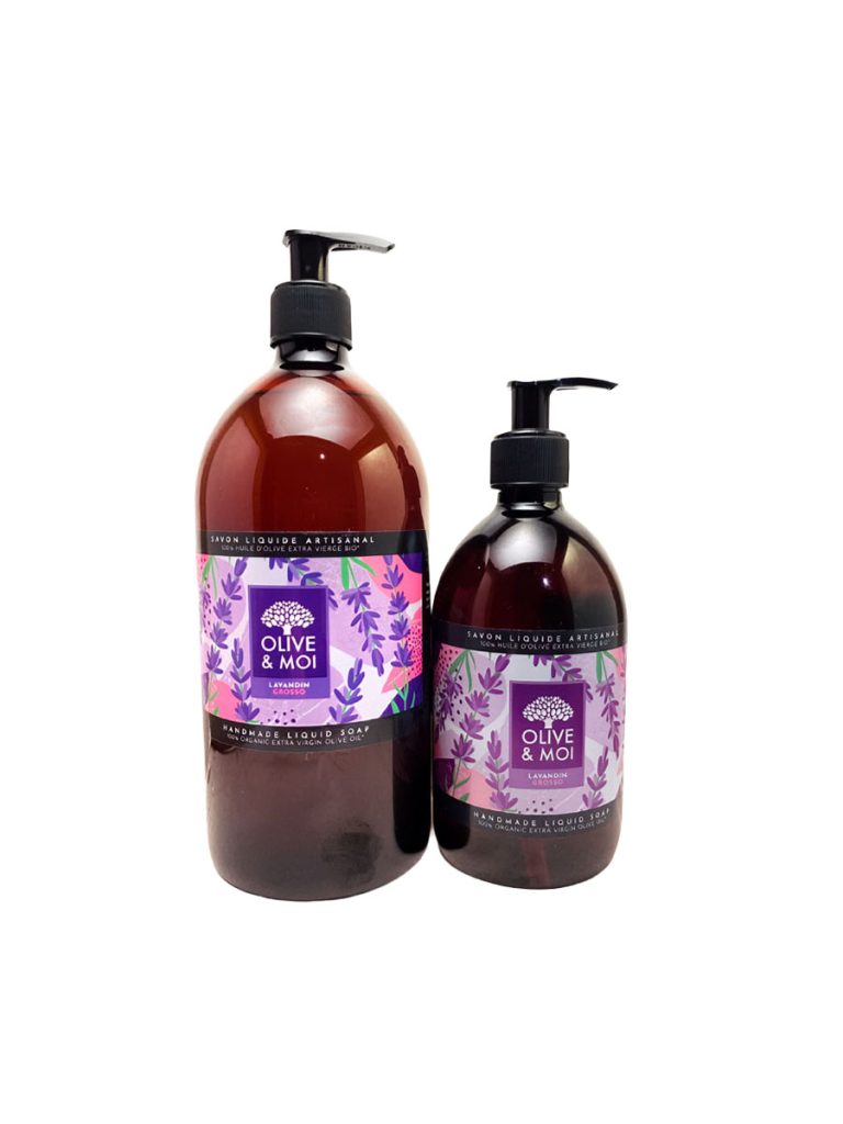 Savon liquide huile d’olive au lavandin bio – 500ml + 1L