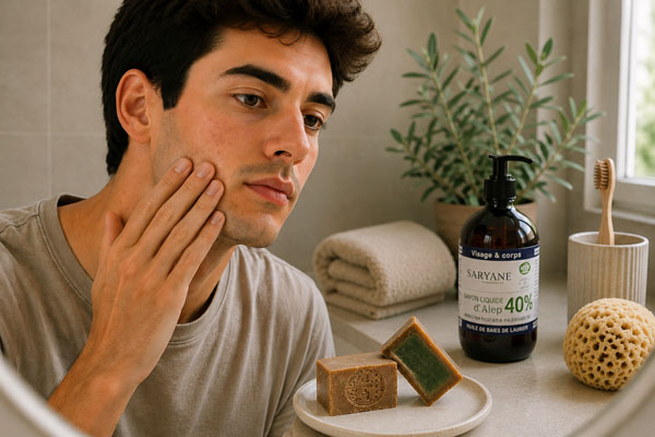 Jeune homme observant quelques imperfections de peau avec savon d’Alep traditionnel et savon liquide d’Alep dans une salle de bain naturelle.