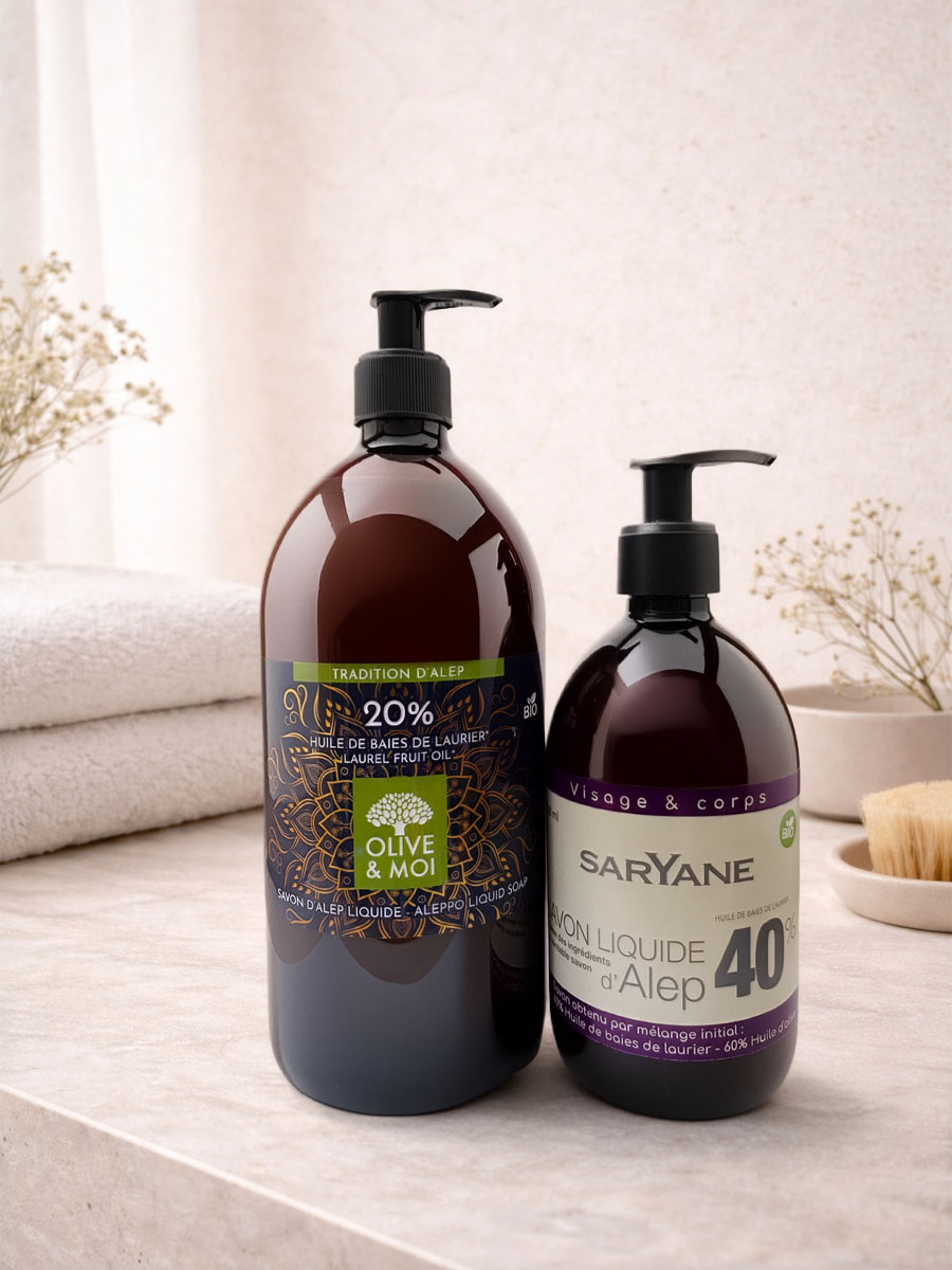 Savons d’Alep liquides bio à 20 % et 40 % d’huile de baies de laurier
