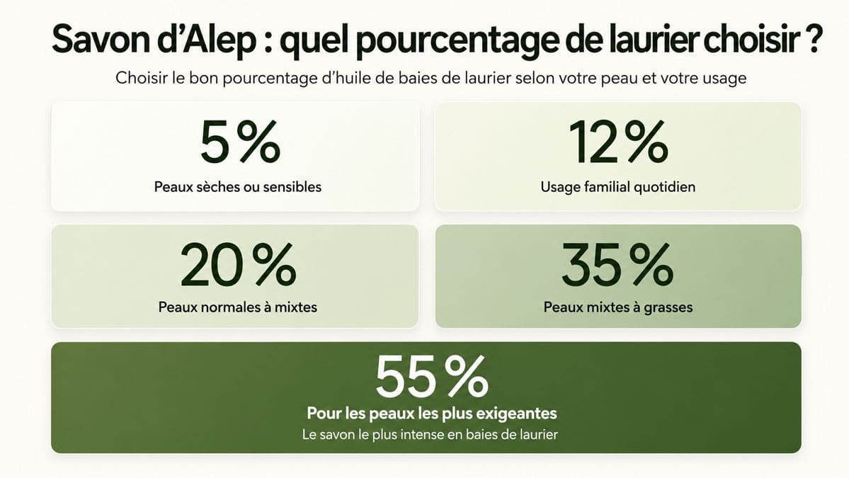 Guide visuel des pourcentages de laurier du savon d’Alep, de 5 % à 55 %, selon le type de peau