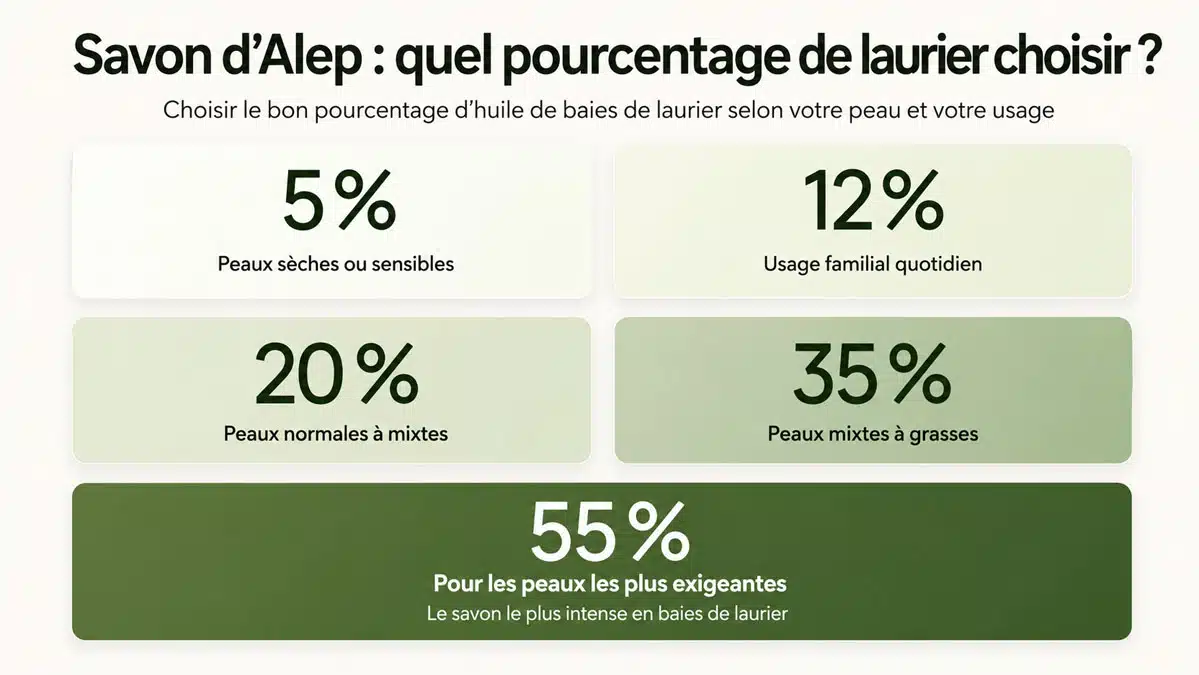 Guide visuel des pourcentages de laurier du savon d’Alep, de 5 % à 55 %, selon le type de peau