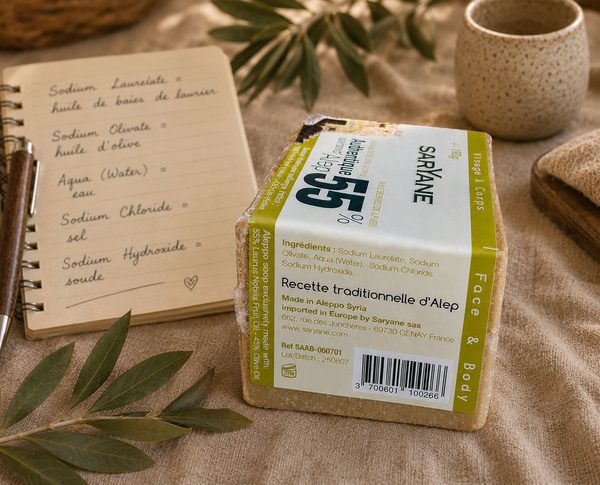 Savon d’Alep avec étiquette de composition et carnet d’ingrédients
