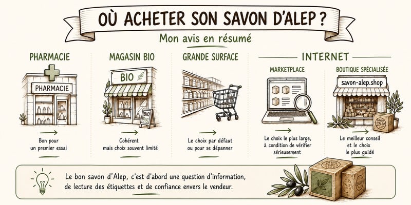 Illustration comparant les lieux où acheter un savon d’Alep : pharmacie, magasin bio, grande surface, marketplace et boutique spécialisée.