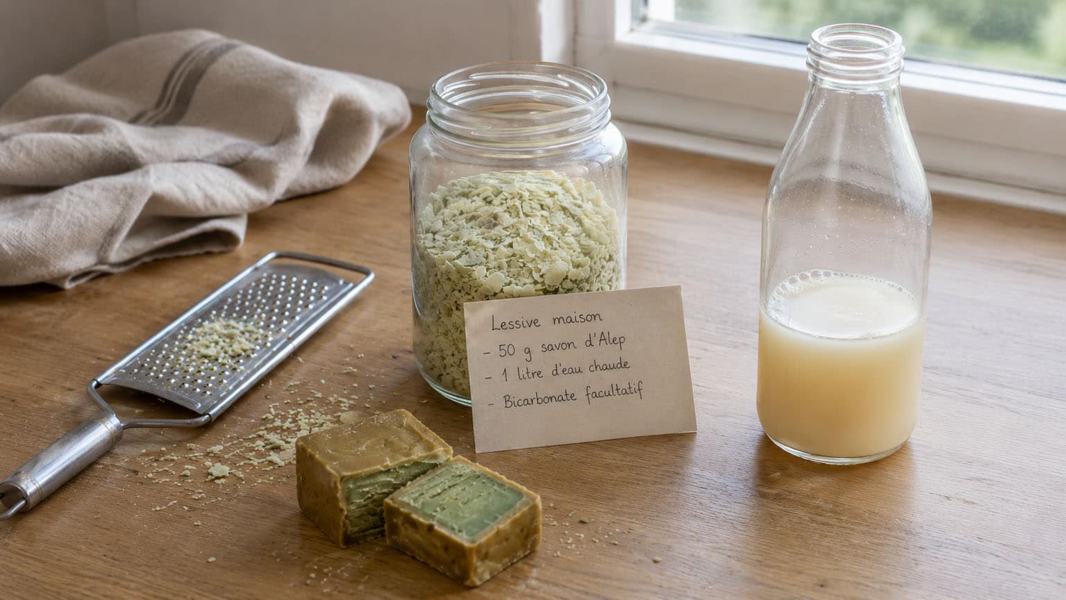 Préparation d’une lessive maison au savon d’Alep avec paillettes, savon coupé, râpe et bouteille en verre