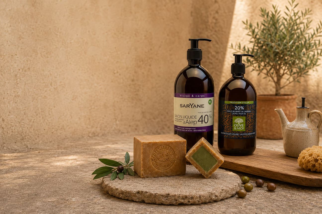 Savons d’Alep solides et liquides Saryane dans un décor naturel