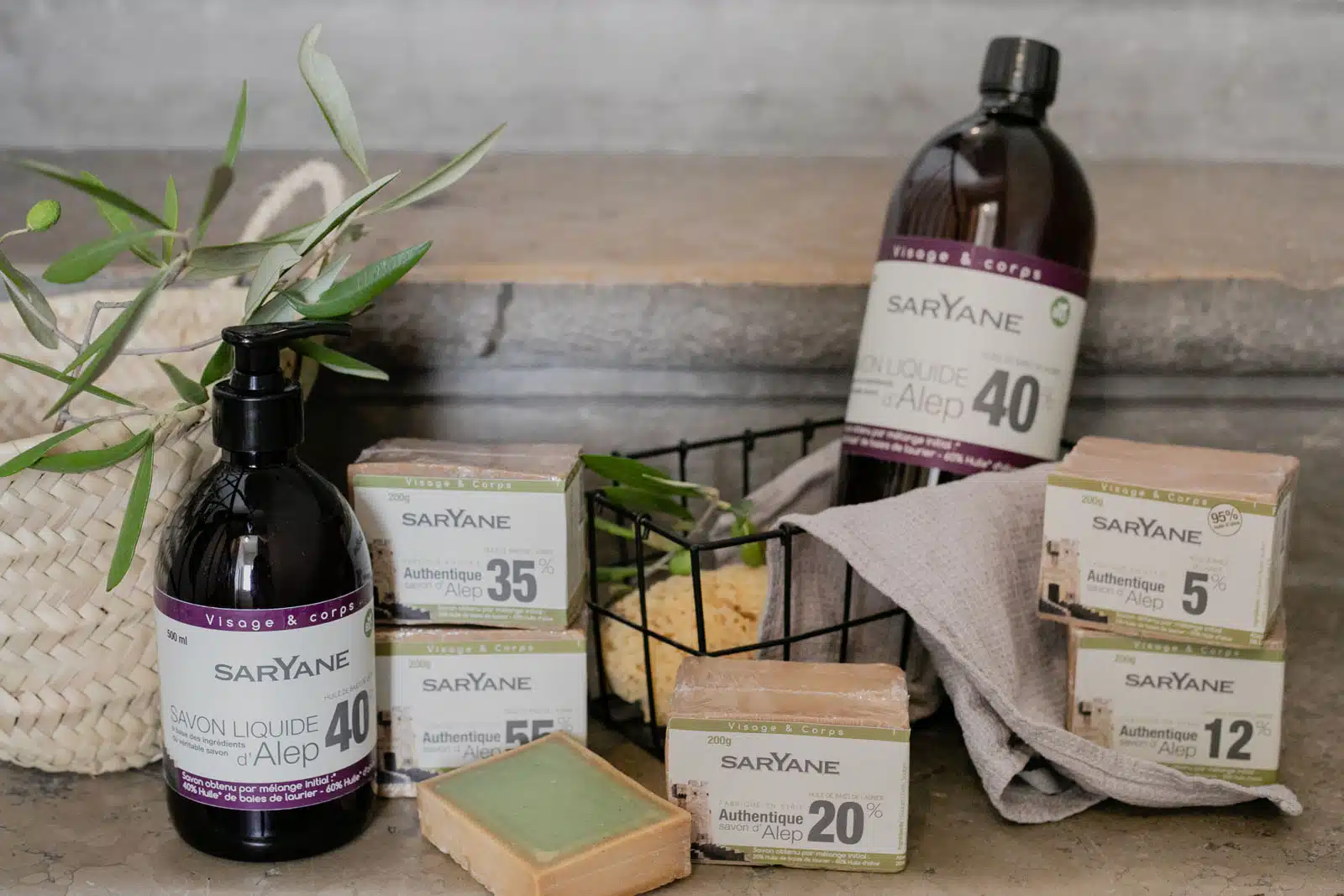 Savons d’Alep solides traditionnels et savons liquides naturels Saryane
