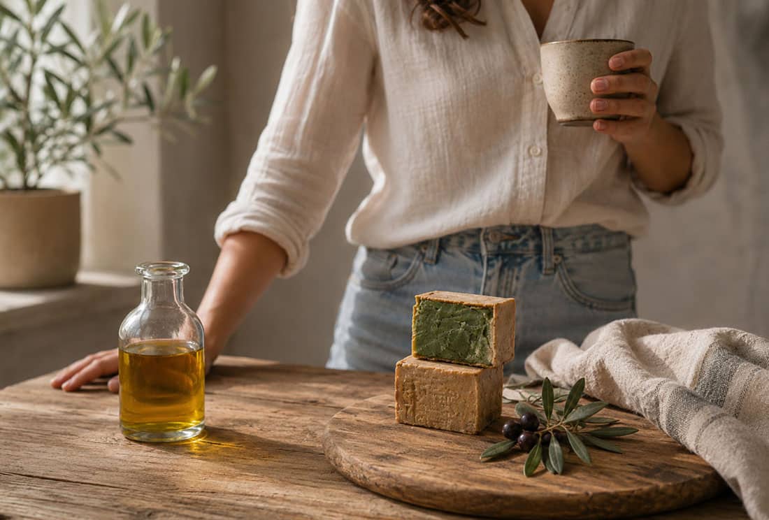 Composition du savon d’Alep : huile d’olive, huile de baies de laurier et savon artisanal