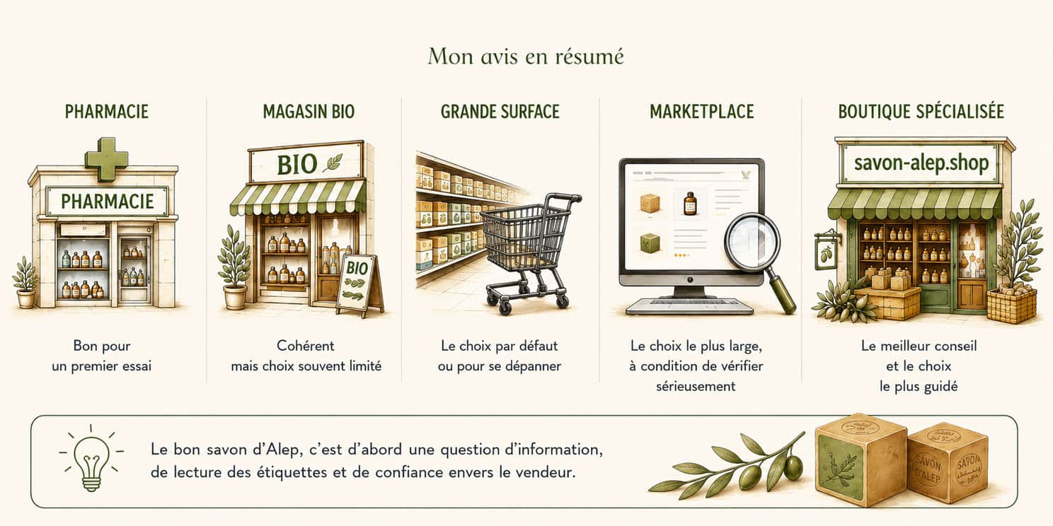 Infographie comparant l’achat de savon d’Alep en pharmacie, magasin bio, grande surface, marketplace et boutique spécialisée.