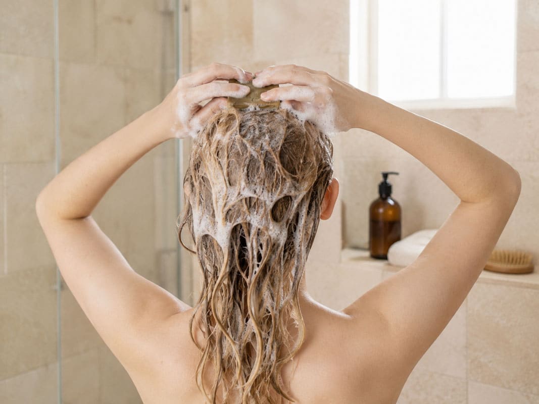 Femme utilisant un savon d’Alep comme shampoing solide pour ses cheveux